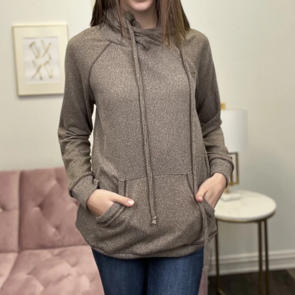 White Birch Ribbed Side Button Cowl Neck Hoodie